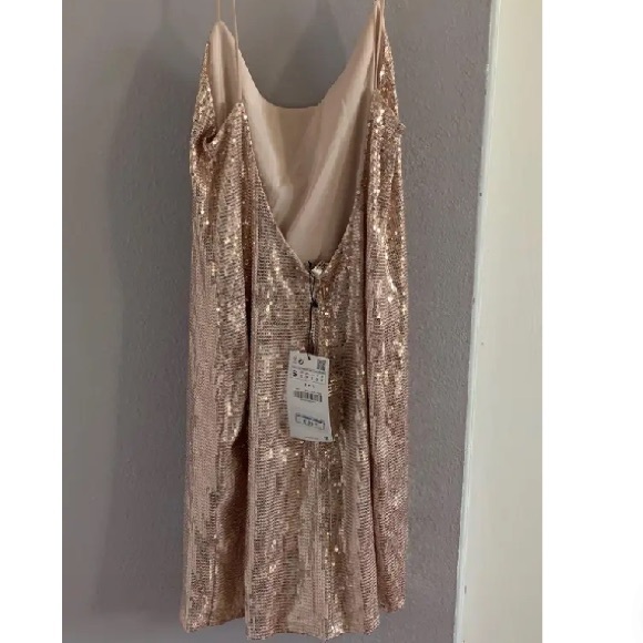 Zara Sequin Spaghetti Strap Low Back Slip Dress Blush Nude S/4 - Picture 12 of 13